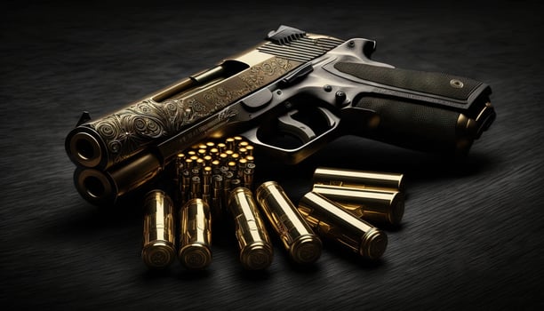 9mm pistol bullets and handgun on black background photo