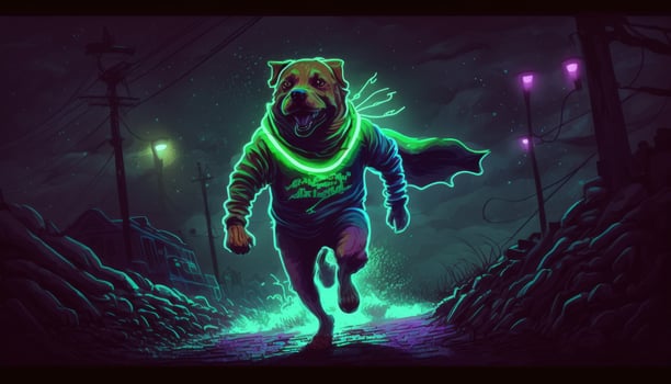 A dog is running like a human wearing neon light dress photo