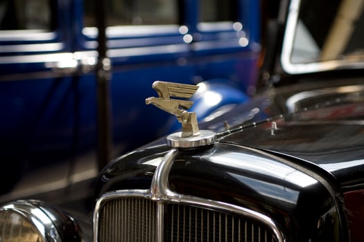 old vintage metal details car in the museum close-up photo
