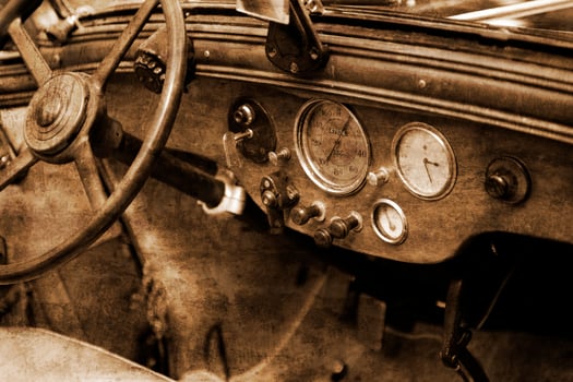 old vintage metal details car in the museum close-up photo