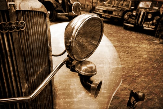 old vintage metal details car in the museum close-up photo