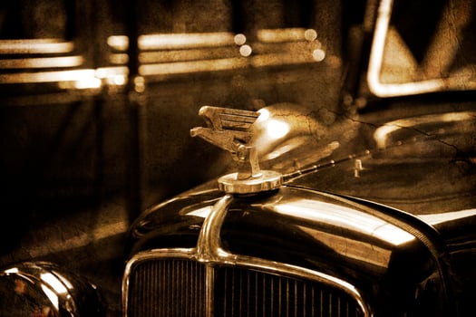 old vintage metal details car in the museum close-up photo
