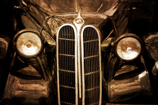 old vintage metal details car in the museum close-up photo