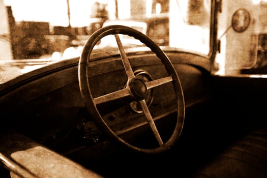 old vintage metal details car in the museum close-up photo