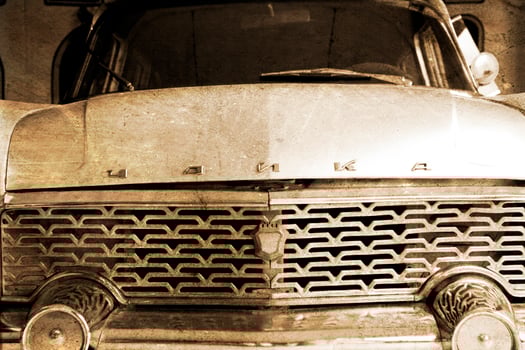 old vintage metal details car in the museum close-up photo