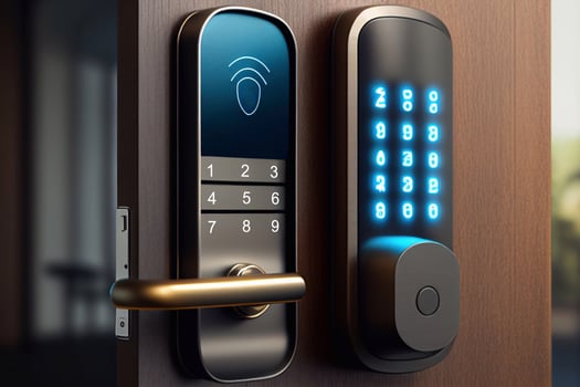 Door knobs handles realistic composition with finger touching digital dial pad of handle illustration AI photo