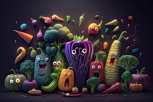 Funny cute vegetables in cartoon style. Vegetable mix. . photo