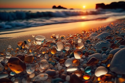 Beautiful beach at sunset full of sea glass beach pebbles, sands and shells in the coast background sea waves sunset and sky. photo
