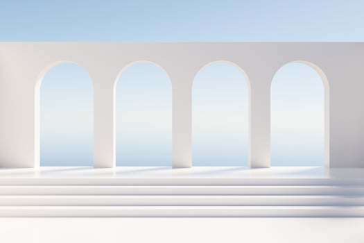 3D arched wall and stairs under blue sky photo