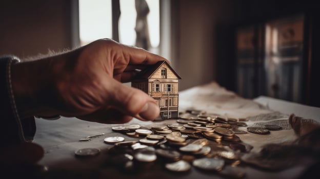 Man's hand with coins and house. Real Estate Background. Illustration photo