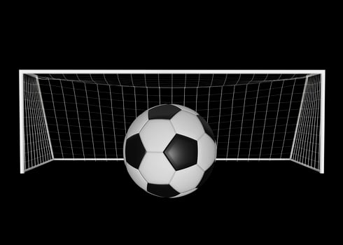 Football goal and soccer ball isolated on black background. 3d render photo
