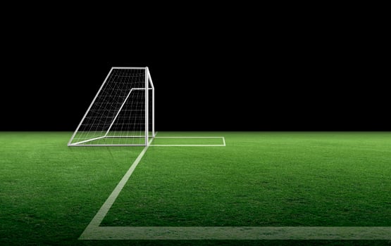 Soccer goal post and soccer net on green grass photo