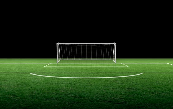 Soccer goal post and soccer net on green grass photo