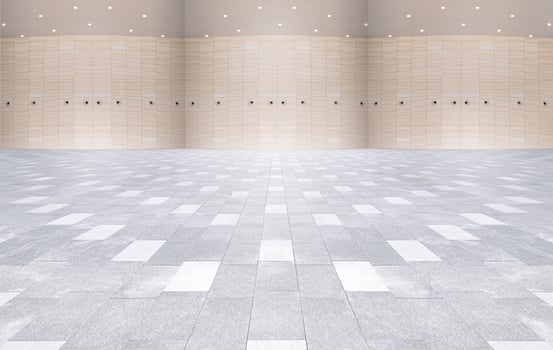 The facade of the interior wall and the brick floor of the modern building form the spatial background photo