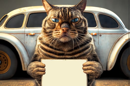 A cat with a sign. Promotional banner in the paws of a cat on the background of a retro car. Copy space. photo