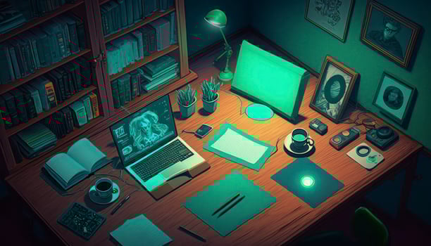Retro Inspired An 80s Red and Green Spooky Glowy Desk Scene photo
