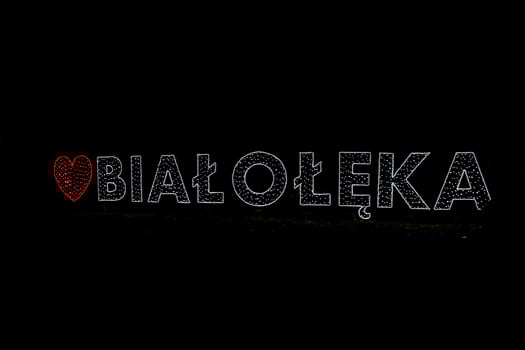 bright neon with the inscription Bialoleka in Warsaw in Poland in winter evening photo
