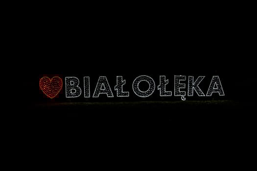 bright neon with the inscription Bialoleka in Warsaw in Poland in winter evening photo