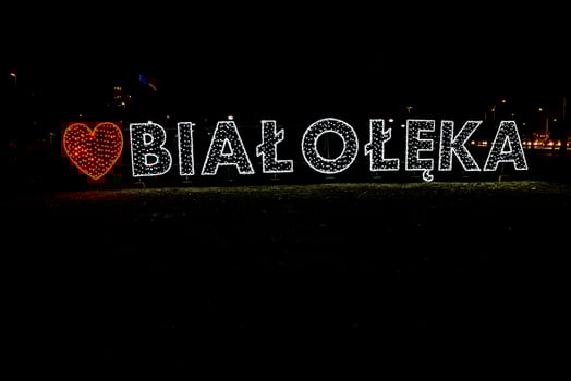 bright neon with the inscription Bialoleka in Warsaw in Poland in winter evening photo