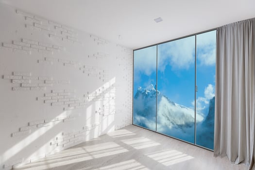 Empty room interior with floor to ceiling windows and scenic view photo