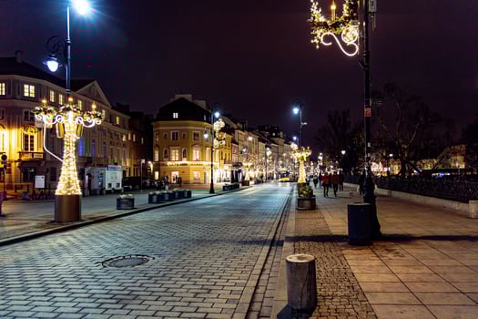 streets at night with decorations for Christmas Warsaw Poland in the city center photo