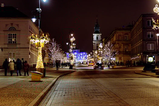 streets at night with decorations for Christmas Warsaw Poland in the city center photo