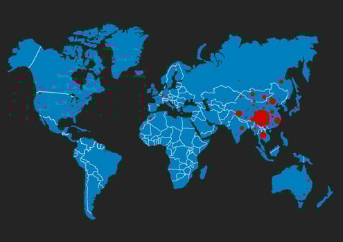 Coronavirus at Wuhan China. The red map of china on world map with dots photo