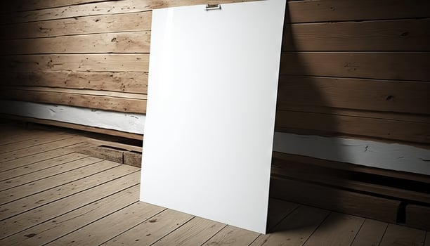Blank white paper poster on plank wooden floor and wall. photo