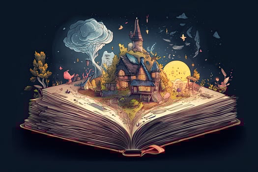 Open magical book with fantasy landscape over pages. photo