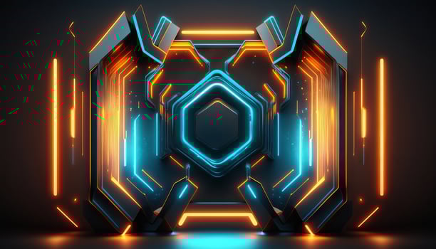 Rendering abstract futuristic background with glowing neon blue and orange lights. photo