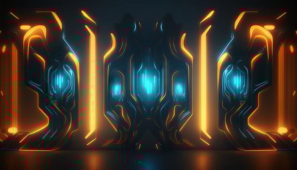 Rendering abstract futuristic background with glowing neon blue and orange lights. photo