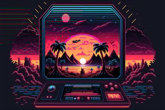 Old video game console with landscape in the background, 16 bit pixel art. Digital illustration. AI photo