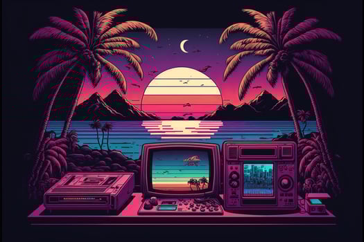 Old video game console with landscape in the background, 16 bit pixel art. Digital illustration. AI photo