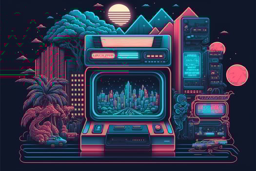 Old video game console with landscape in the background, 16 bit pixel art. Digital illustration. AI photo