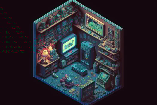 Gamer room with computers, isometric view inside. photo