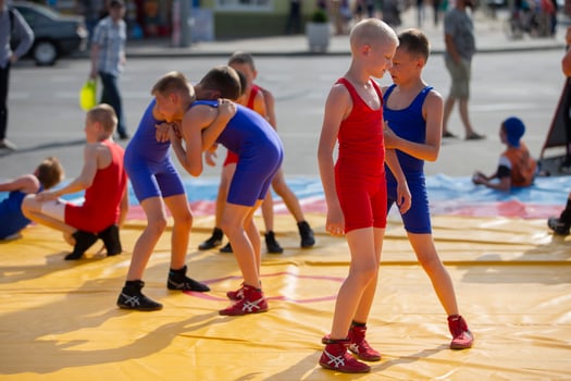 Belarus, the city of Gomel, June 05, 2019. Day of the city. Children practice sambo. photo