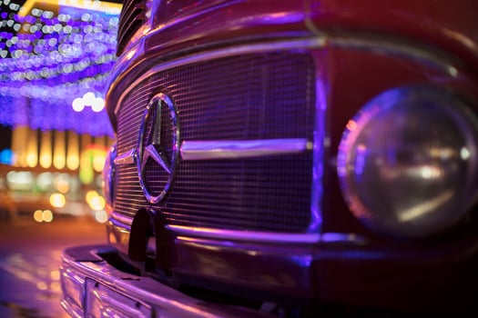 Belarus, the city of Gomel, December 18, 2019. Mercedes logo on a retro car. photo