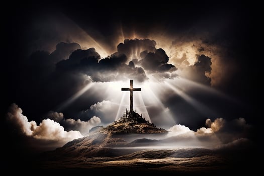 The cave is open and there are three crosses on the hill. The Feast of the Resurrection of Jesus Christ AI photo