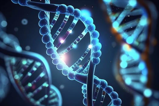 Polygonal DNA concept. mesh spheres from flying debris. Thin line concept. Blue structure style illustration AI photo