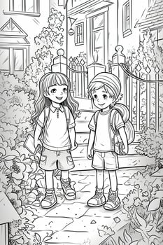 Coloring book school kids theme. Black and white illustration. photo