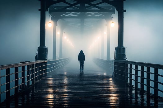 a cold morning, a person goes over the bridge, despair AI photo