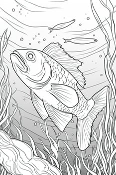 Cute fish coloring page for kids. Black and white. photo