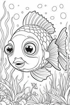 Cute fish coloring page for kids. Black and white. photo