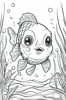 Cute fish coloring page for kids. Black and white. photo