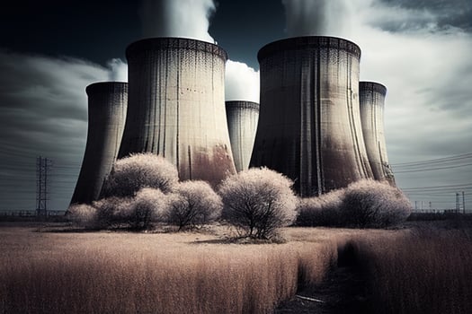 Industrial production icon isometric . Two cooling tower and cement bag. Powerstation, power plant, heavy industry. AI photo