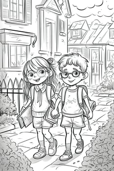 Coloring book school kids theme. Black and white illustration. photo