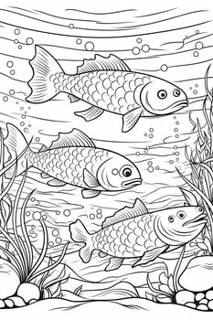 Cute fish coloring page for kids. Black and white. photo