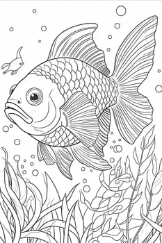 Cute fish coloring page for kids. Black and white. photo