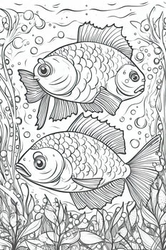 Cute fish coloring page for kids. Black and white. photo