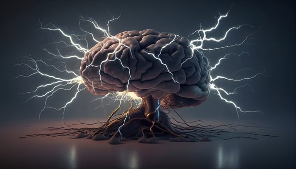 brain with lightning concept think AI photo